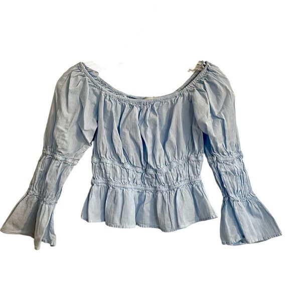 Wayf Smocked Peasant Blouse Cotton Peplum Light Blue Puff Sleeve Size Me… - Picture 1 of 7